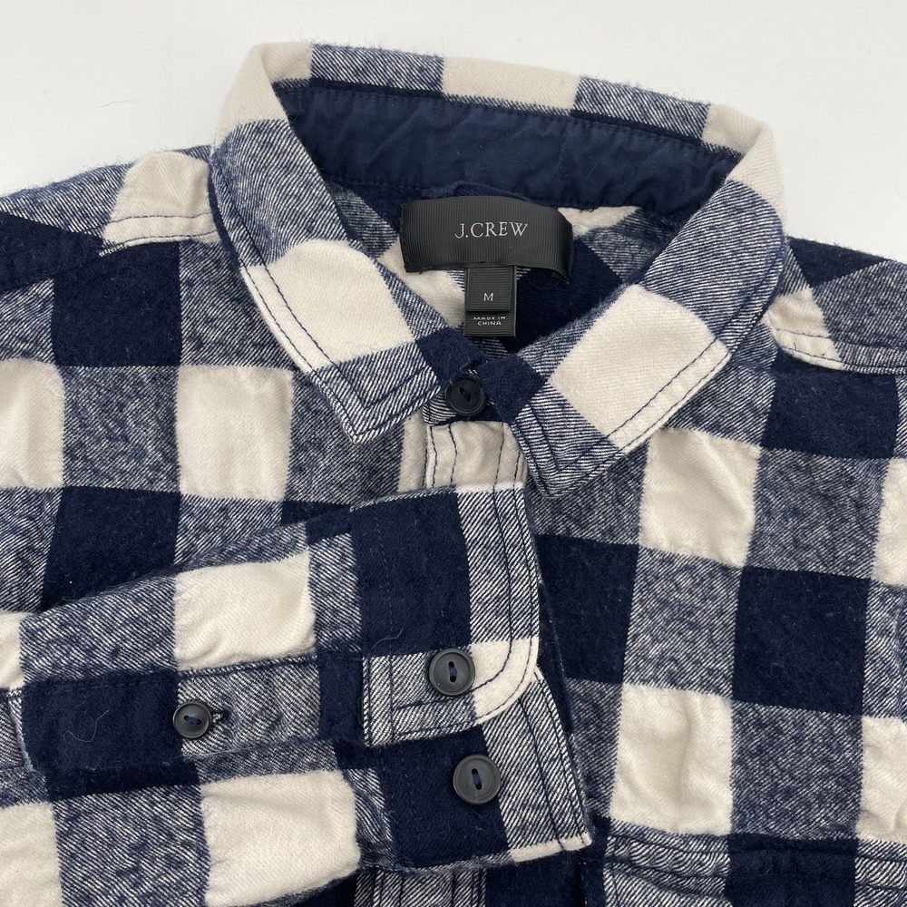 J.Crew Women's Navy Blue Buffalo Plaid Cotton Wool Half Zip Pullover Top Medium